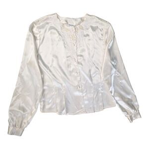 Vintage Nicola Pearl Beaded Satin Embroidered Button Up Blouse Size 8 White